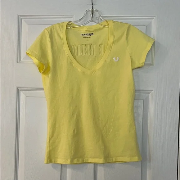 True Religion Women's Bright Yellow V-Neck Tee - Picture 1 of 3